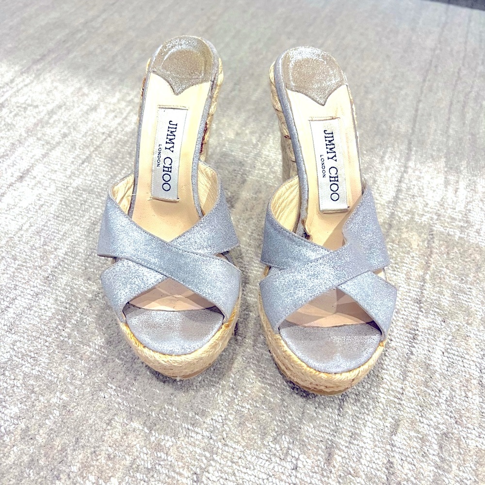 Jimmy Choo Silver shimmer Wedge Espadrille size 35.5